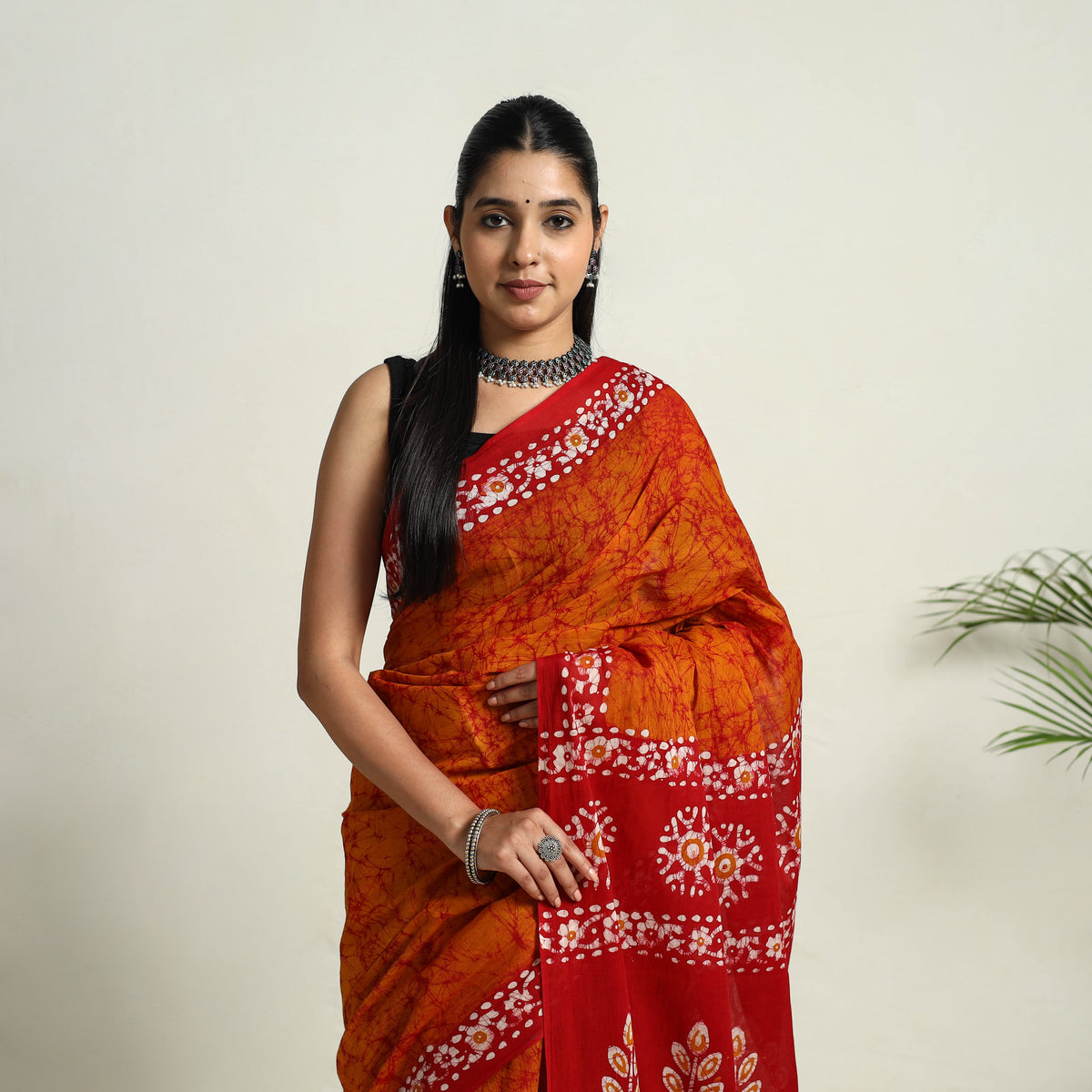 Buy Orange Mul Cotton Hand Batik Print Saree