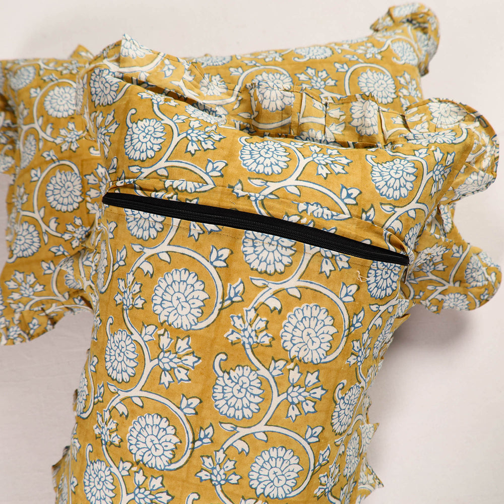 Yellow - Set of 2 Bagh Block Print Cotton Frill Pillow Covers 16