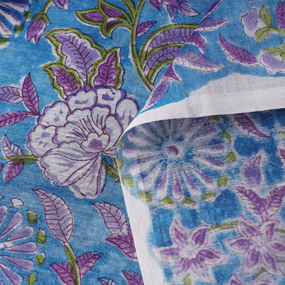 Blue - Sanganeri Block Printed Chanderi Silk Fabric 04