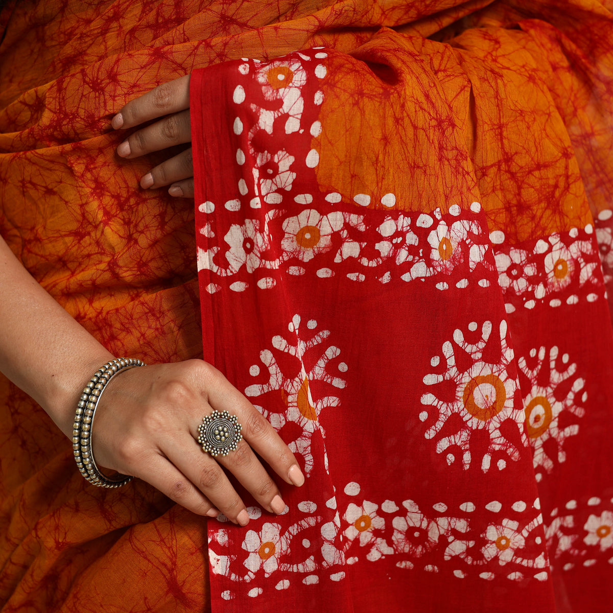 Buy Orange Mul Cotton Hand Batik Print Saree