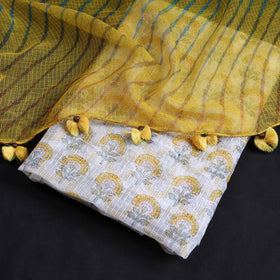 White - 2pc Sanganeri Block Printed Kota Doria Cotton Kurta with Leheriya Tie-Dye Dupatta 19
