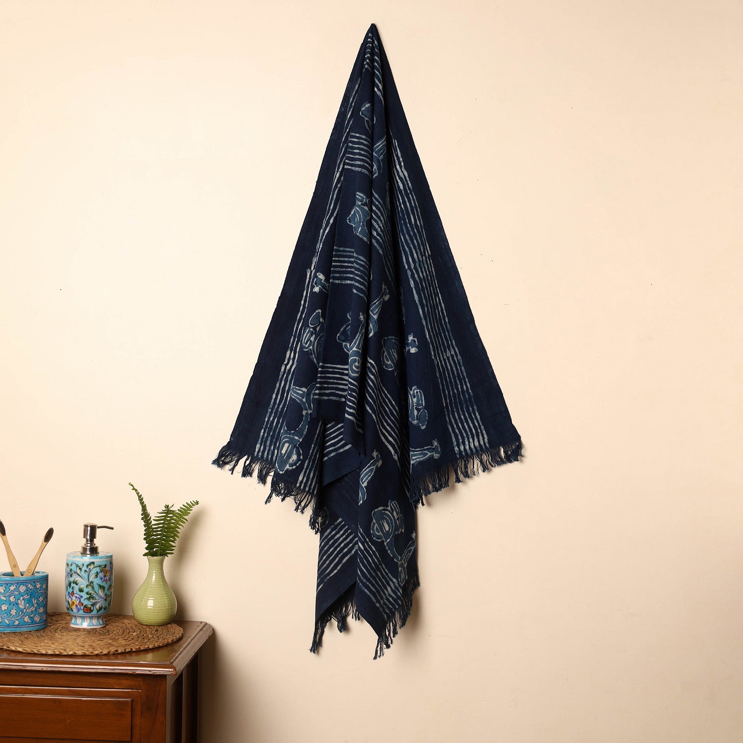 Blue - Handloom Block Printed Cotton Bindaas Towel 44