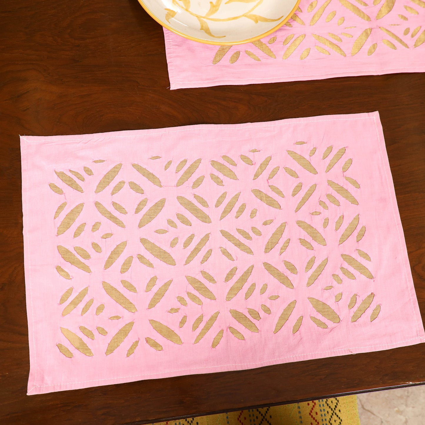 Pink - Barmer Applique Cutwork Dining Table Runner with Mat Set 03