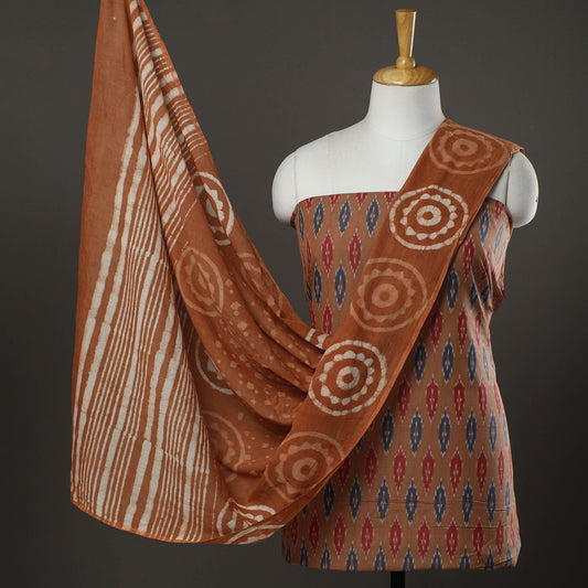 Brown - 2pc Pochampally Central Asian Ikat Cotton Handloom Kurta with Bagru Dupatta 15