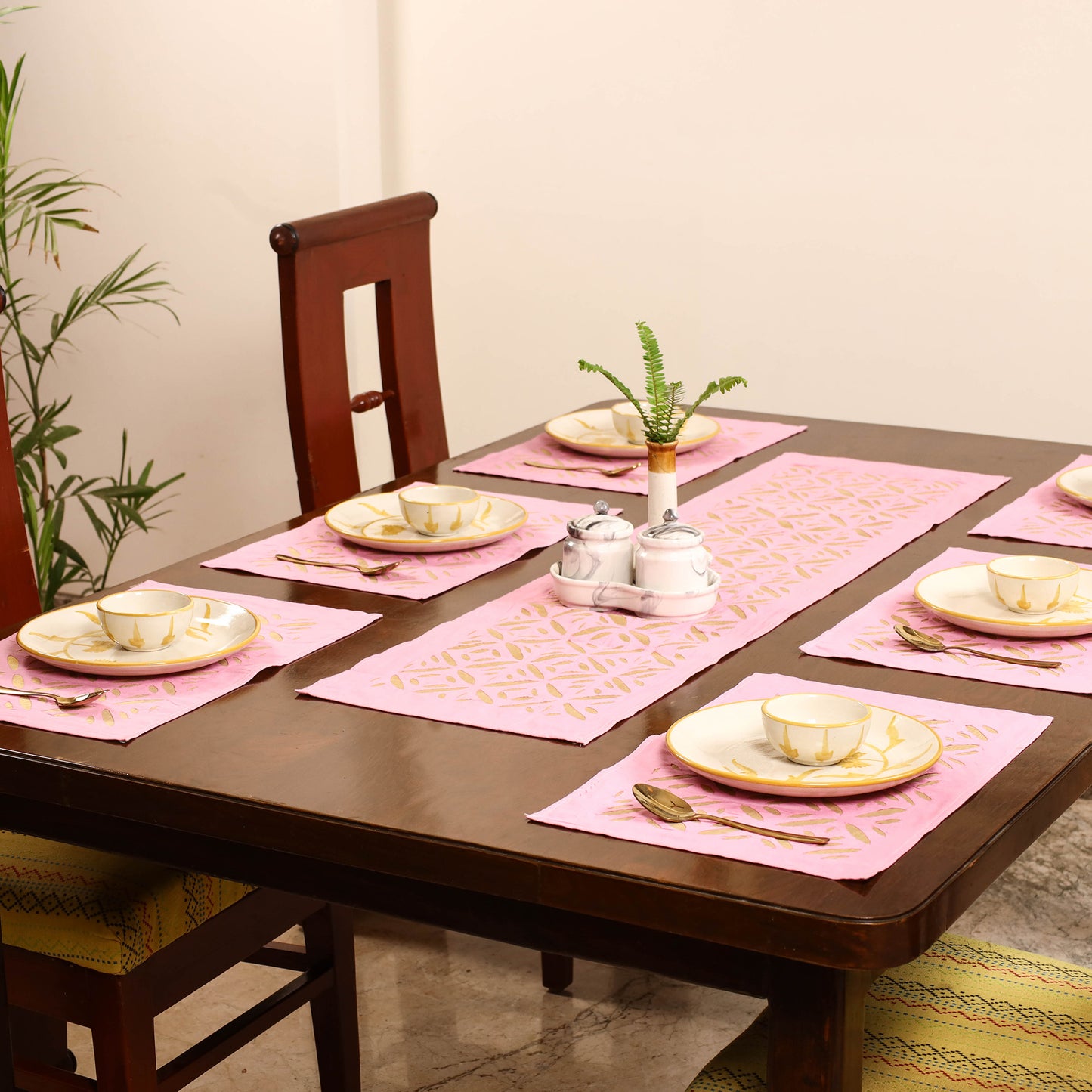 Pink - Barmer Applique Cutwork Dining Table Runner with Mat Set 03
