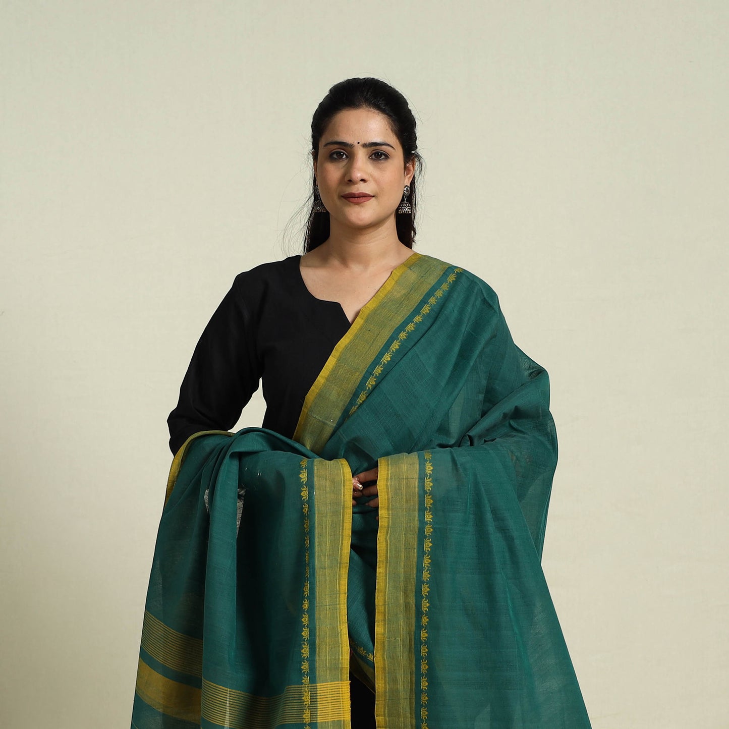  Dark Green Handloom Cotton Srikakulam Jamdani Dupatta