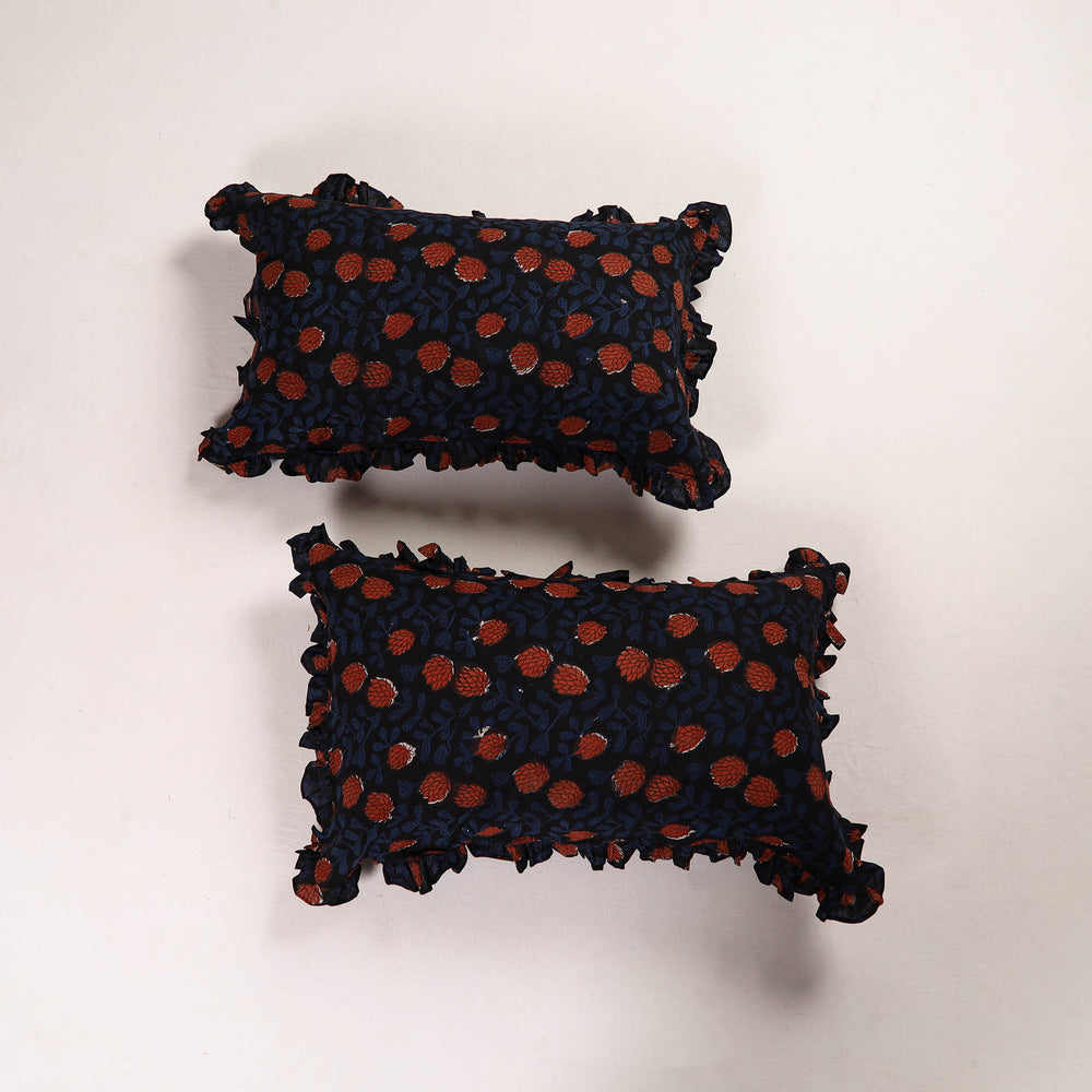 Black - Set of 2 Bagru Block Print Cotton Frill Pillow Covers 17