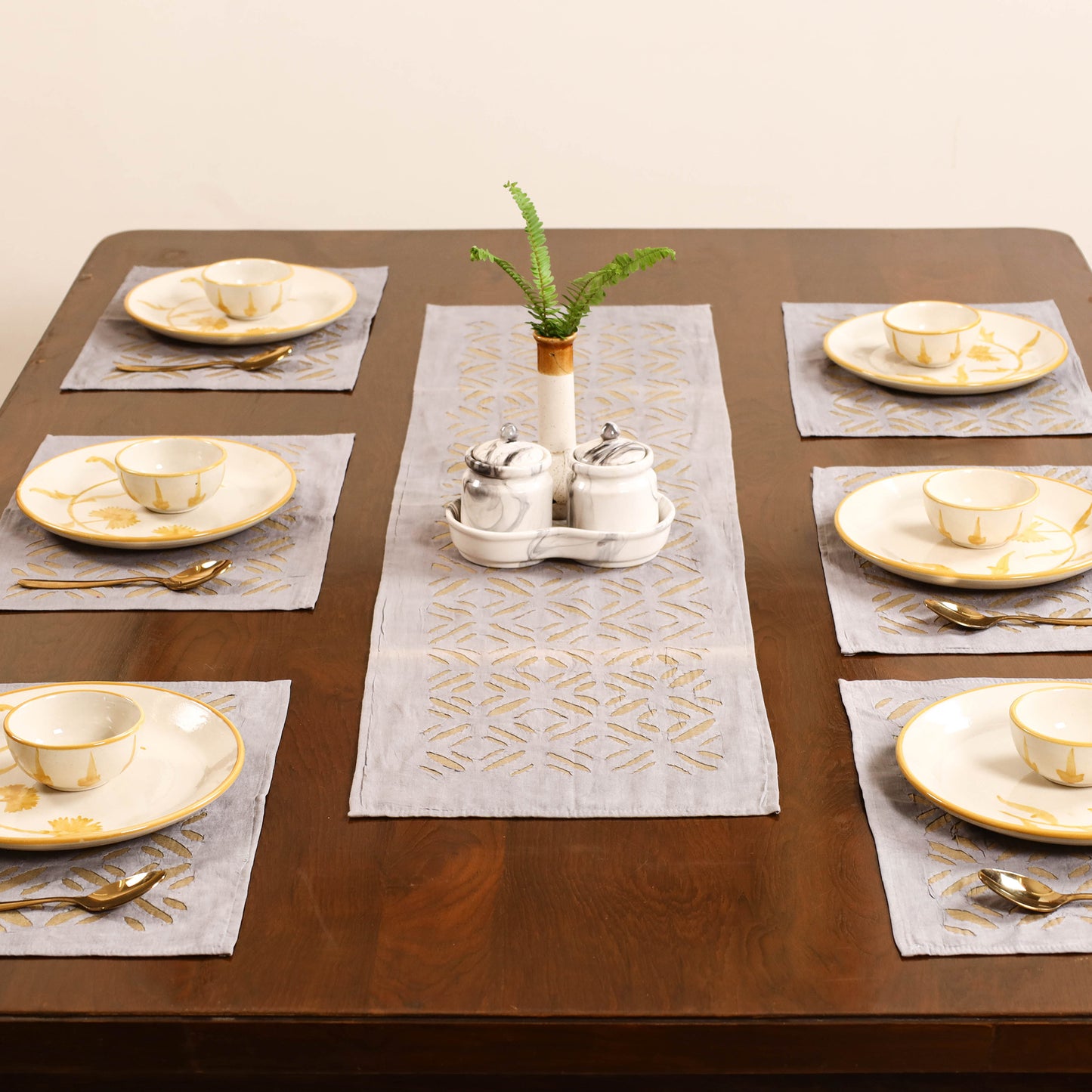 Grey - Barmer Applique Cutwork Dining Table Runner with Mat Set 01