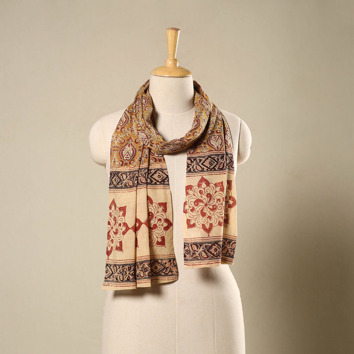 Brown Pedana Block Print Natural Dyed Cotton Kalamkari Stole