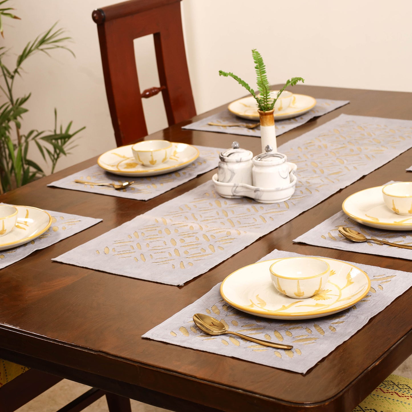 Grey - Barmer Applique Cutwork Dining Table Runner with Mat Set 01