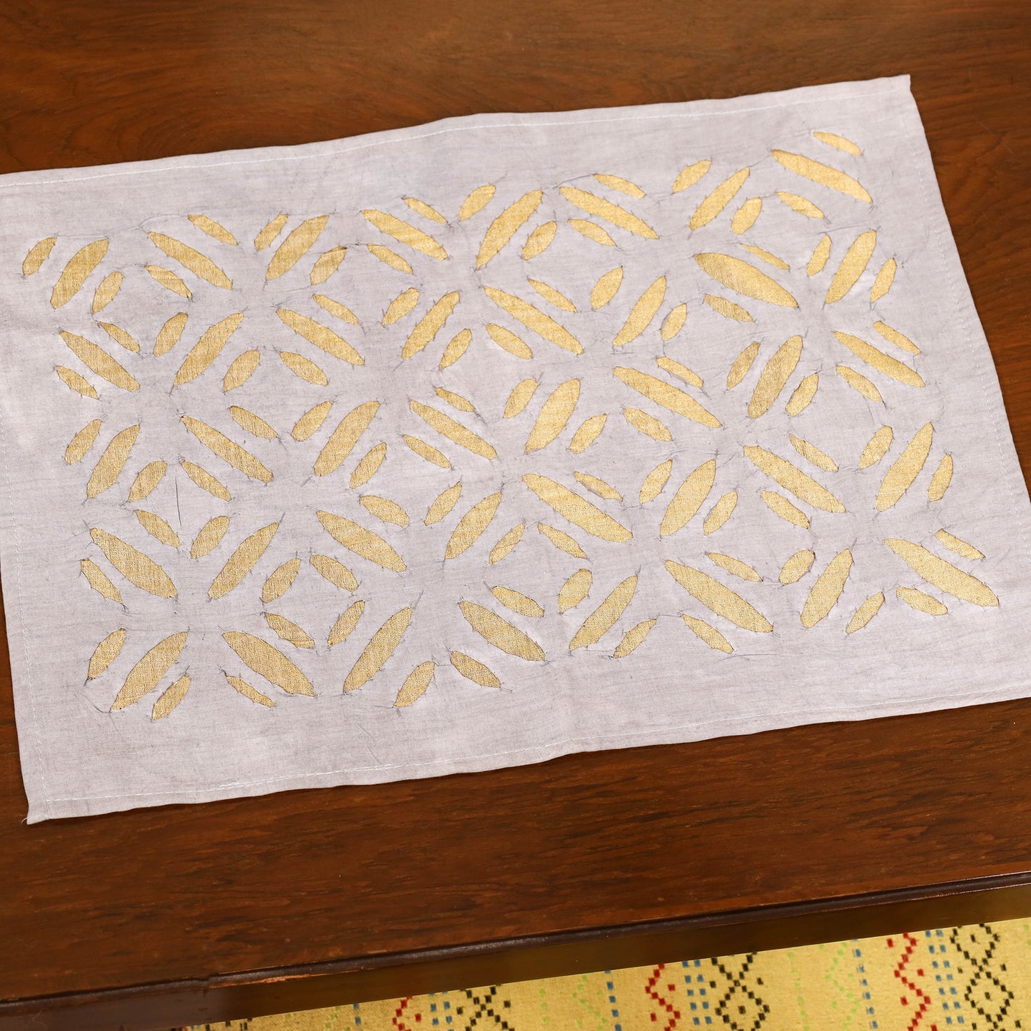 Grey - Barmer Applique Cutwork Dining Table Runner with Mat Set 01