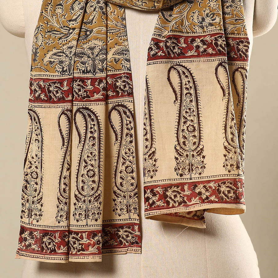 Yellow Pedana Block Print Natural Dyed Cotton Kalamkari Stole