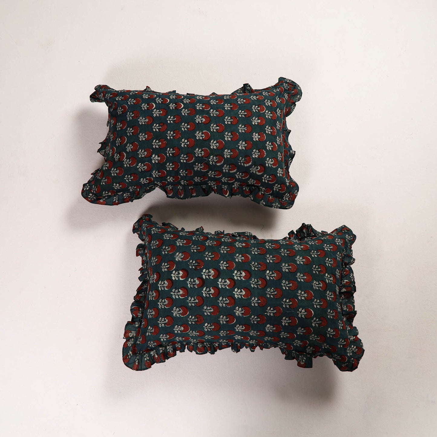 Green - Set of 2 Bagru Block Print Cotton Frill Pillow Covers 18