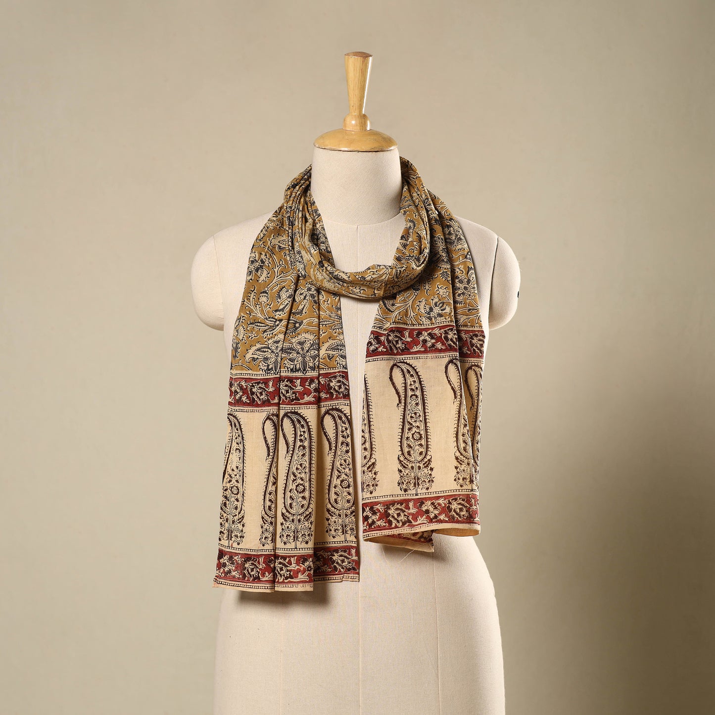 Yellow Pedana Block Print Natural Dyed Cotton Kalamkari Stole