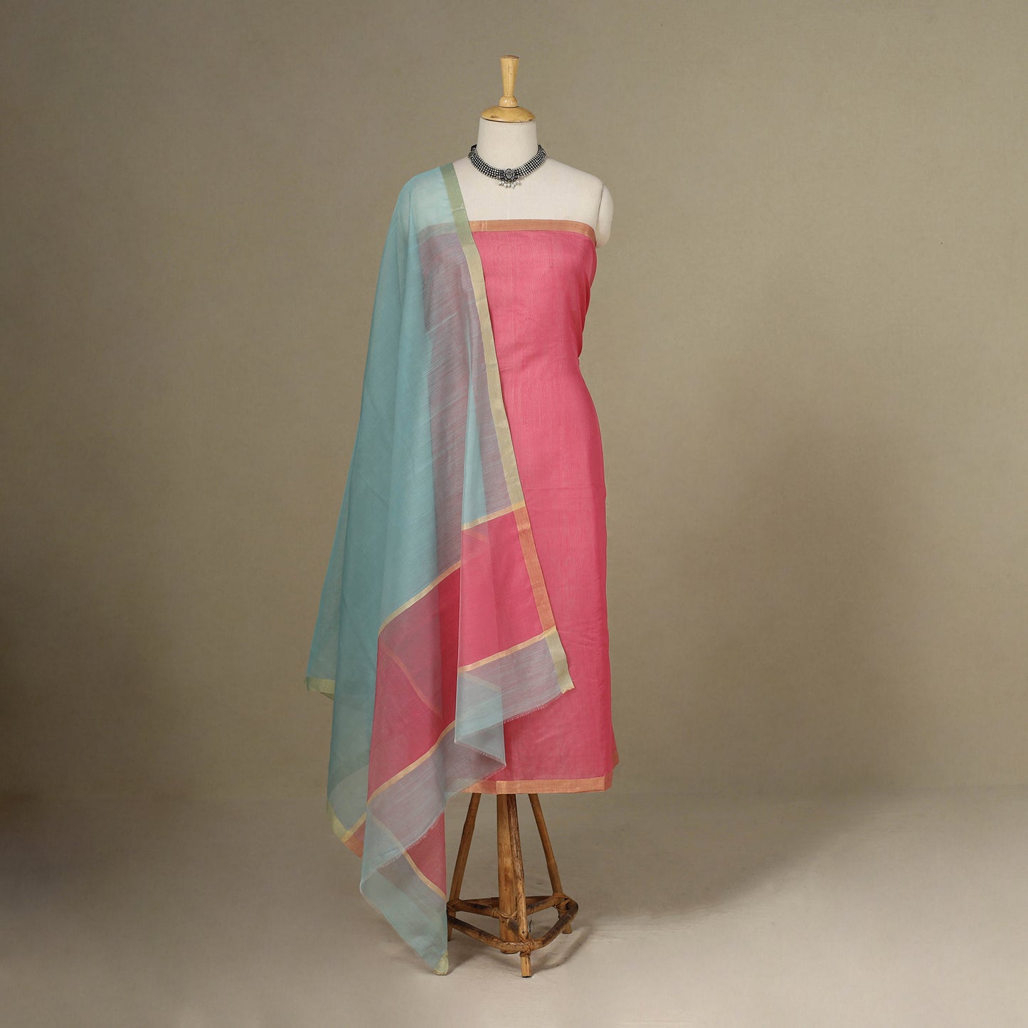 Pink - 2pc Handloom Unstitched Chanderi Silk Dress Material 