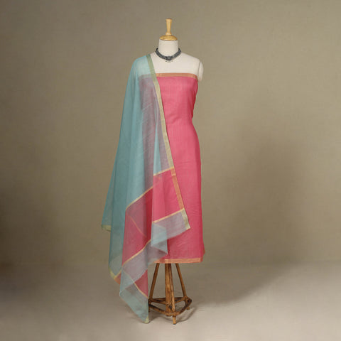Pink - 2pc Handloom Unstitched Chanderi Silk Dress Material 
