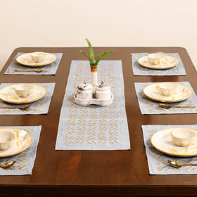 Grey - Barmer Applique Cutwork Dining Table Runner with Mat Set 02
