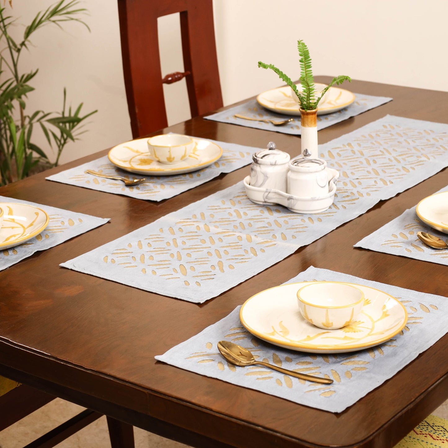 Grey - Barmer Applique Cutwork Dining Table Runner with Mat Set 02