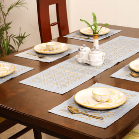 Grey - Barmer Applique Cutwork Dining Table Runner with Mat Set 02