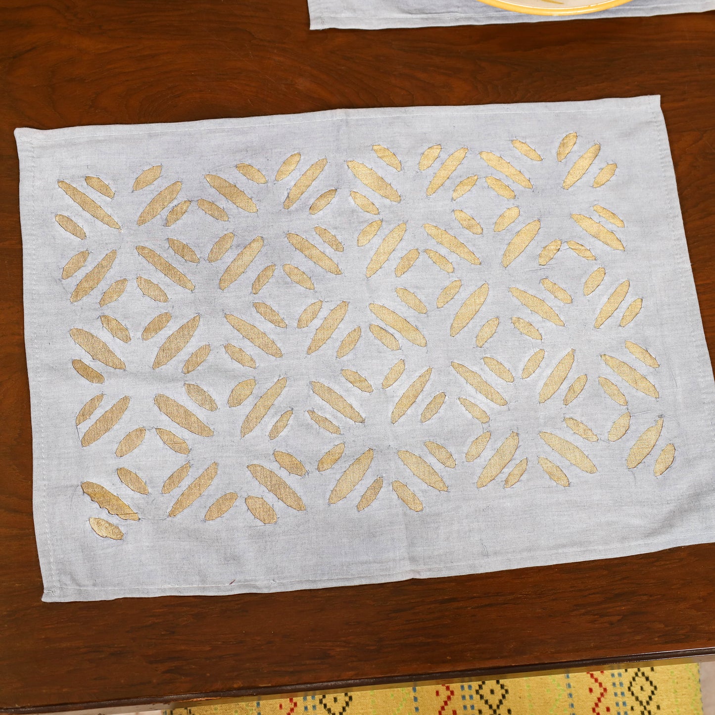 Grey - Barmer Applique Cutwork Dining Table Runner with Mat Set 02