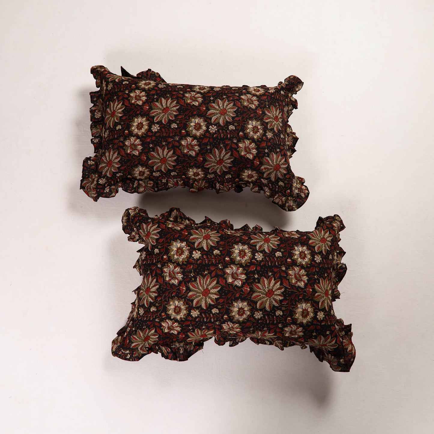 Black - Set of 2 Bagru Block Print Cotton Frill Pillow Covers 19