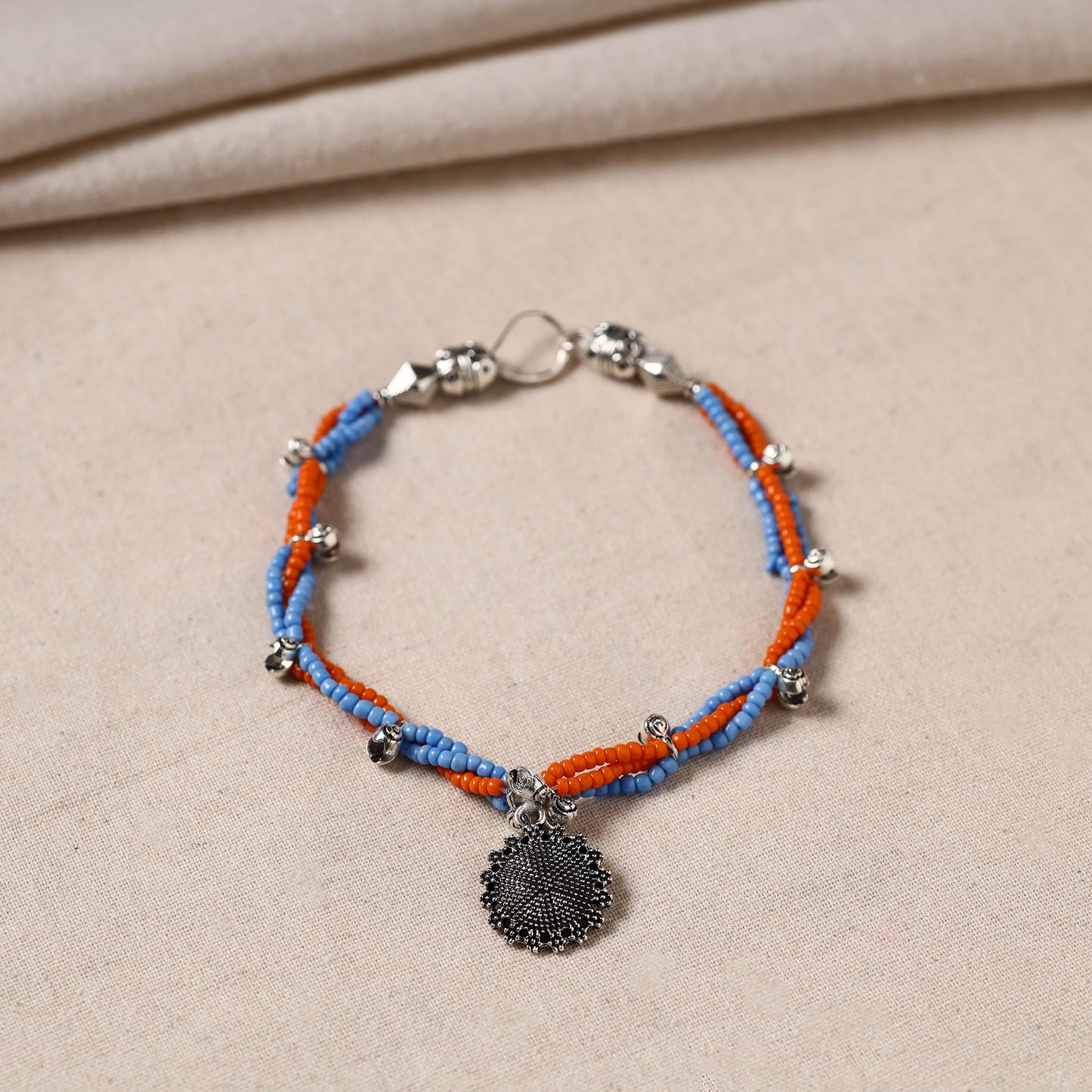 Handmade Oxidised Silver Beaded Anklet 16