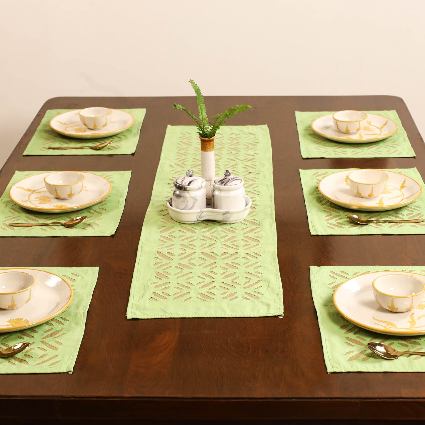 Green - Barmer Applique Cutwork Dining Table Runner with Mat Set 04