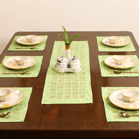 Green - Barmer Applique Cutwork Dining Table Runner with Mat Set 04