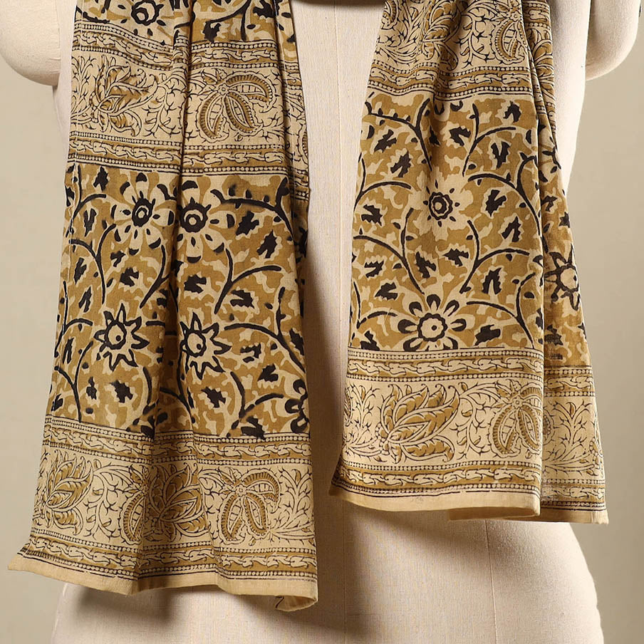 Yellow Pedana Block Print Natural Dyed Cotton Kalamkari Stole