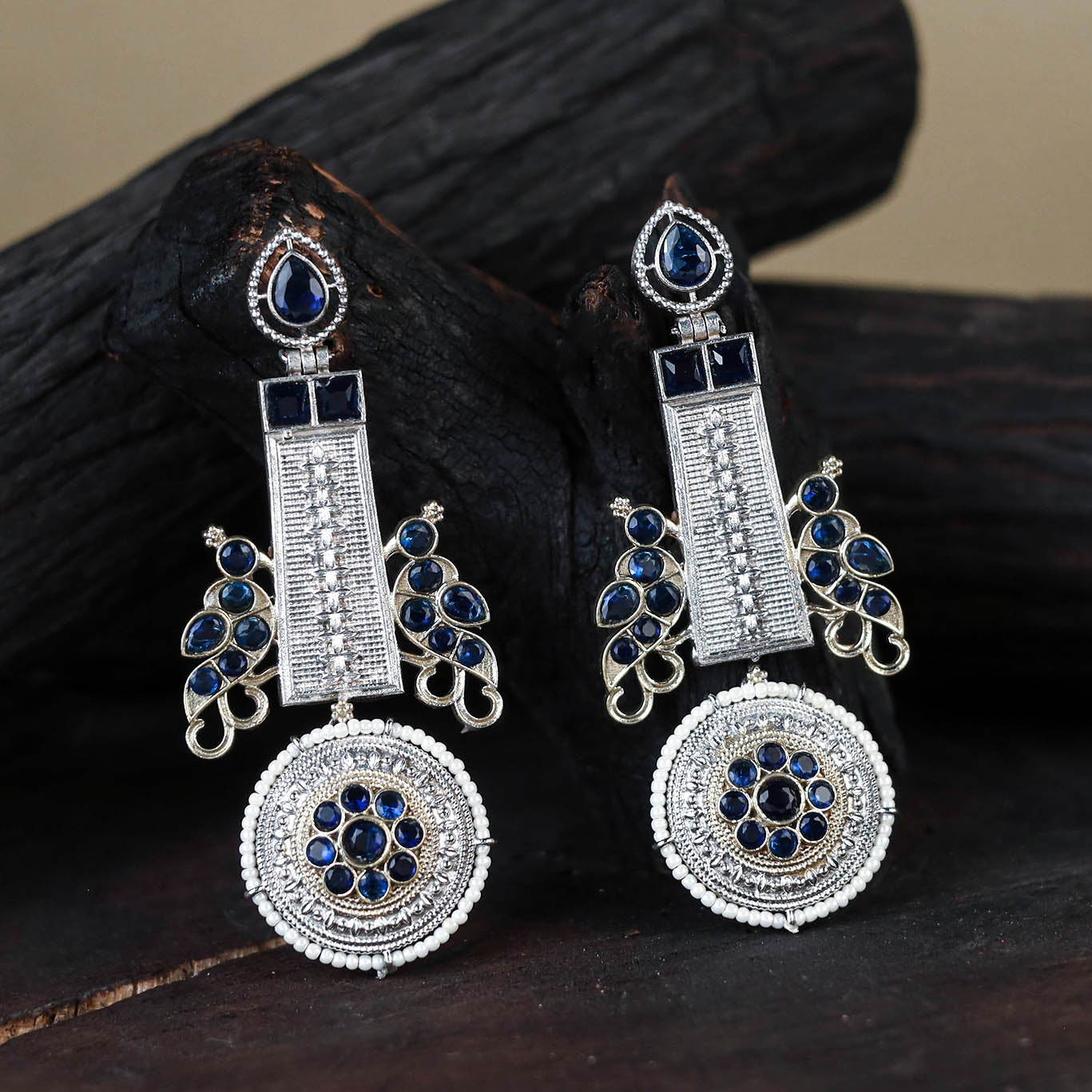 White German Silver-Plated Ethnic Drop Earrings