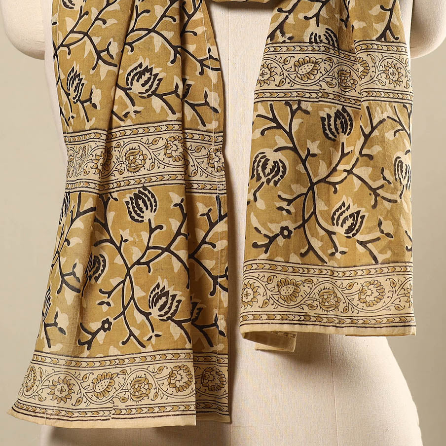 Yellow Pedana Block Print Natural Dyed Cotton Kalamkari Stole