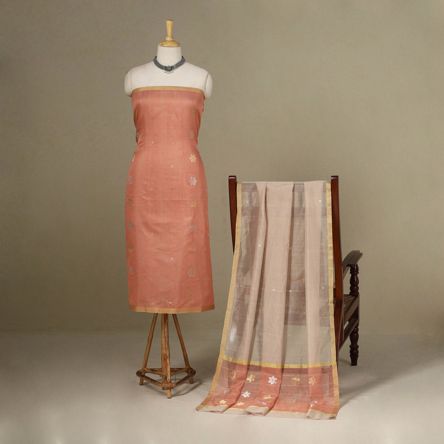Peach - 2pc Handloom Flower Zari Buta Unstitched Chanderi Silk Dress Material 