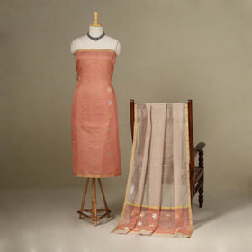 Peach - 2pc Handloom Flower Zari Buta Unstitched Chanderi Silk Dress Material 