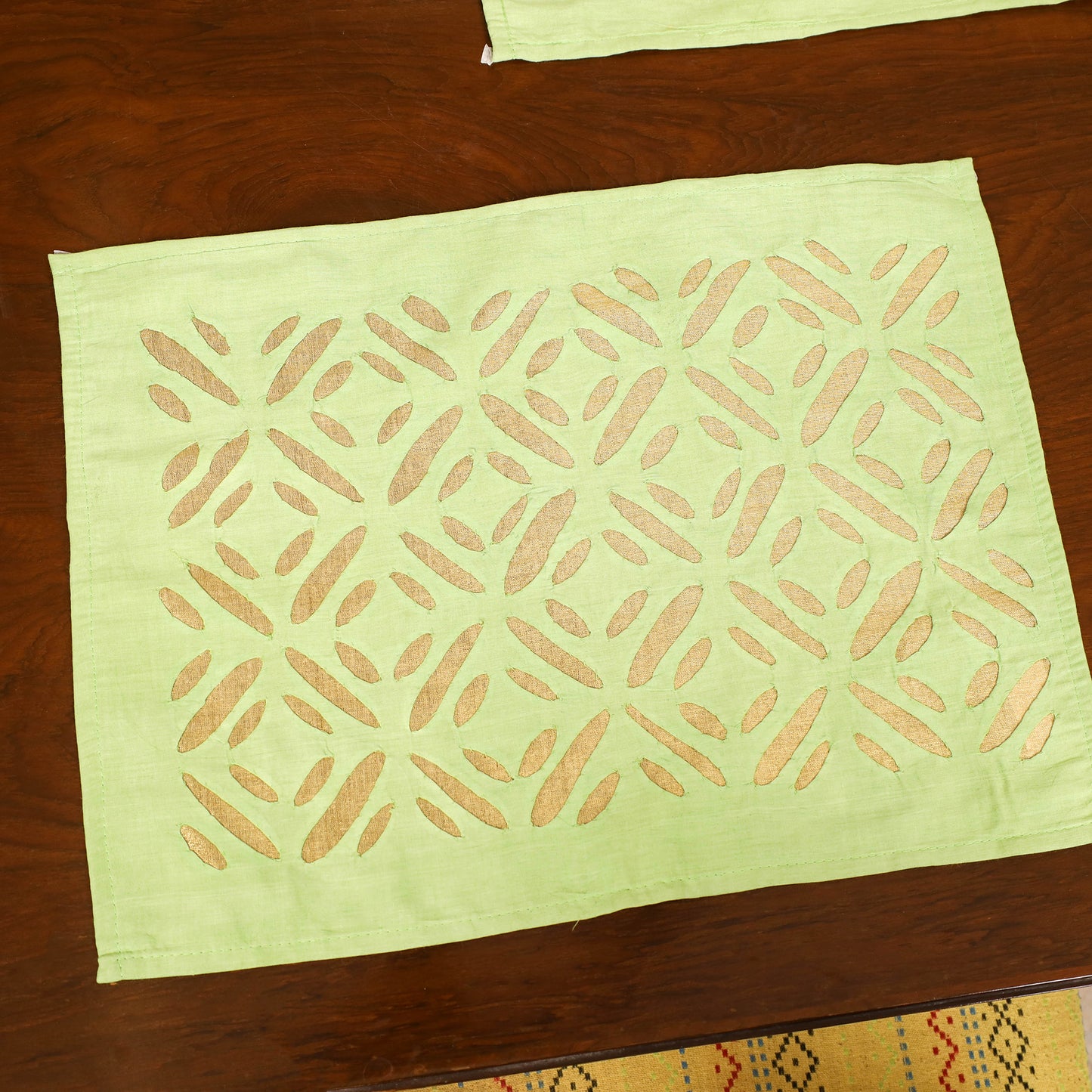 Green - Barmer Applique Cutwork Dining Table Runner with Mat Set 04