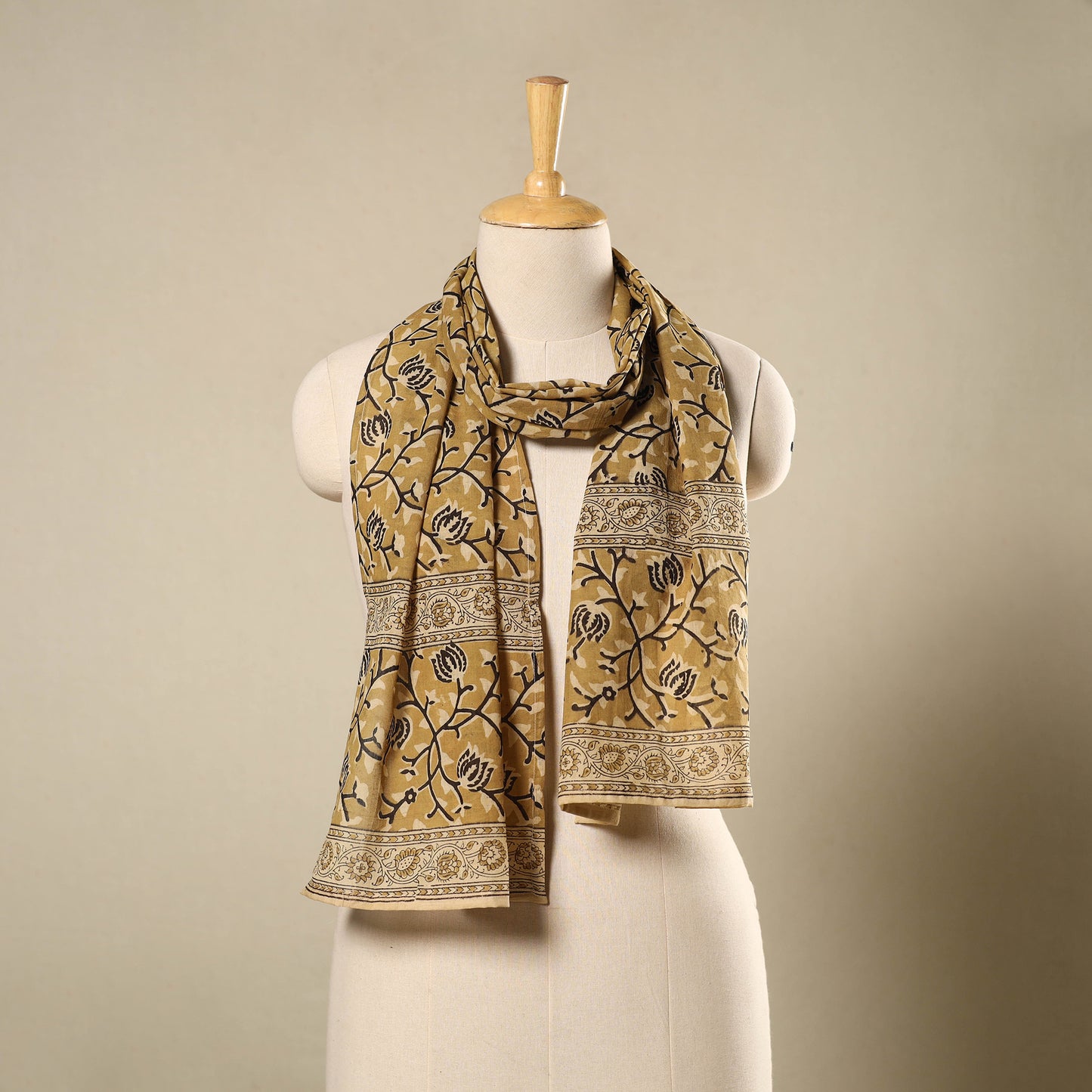 Yellow Pedana Block Print Natural Dyed Cotton Kalamkari Stole