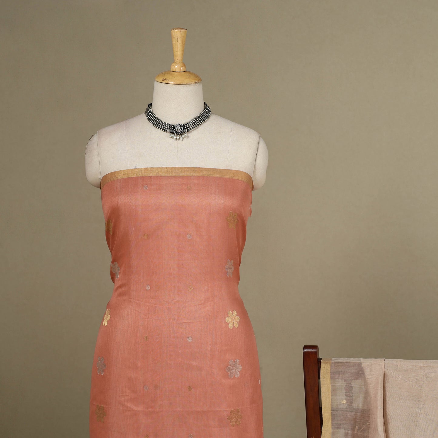 Peach - 2pc Handloom Flower Zari Buta Unstitched Chanderi Silk Dress Material 