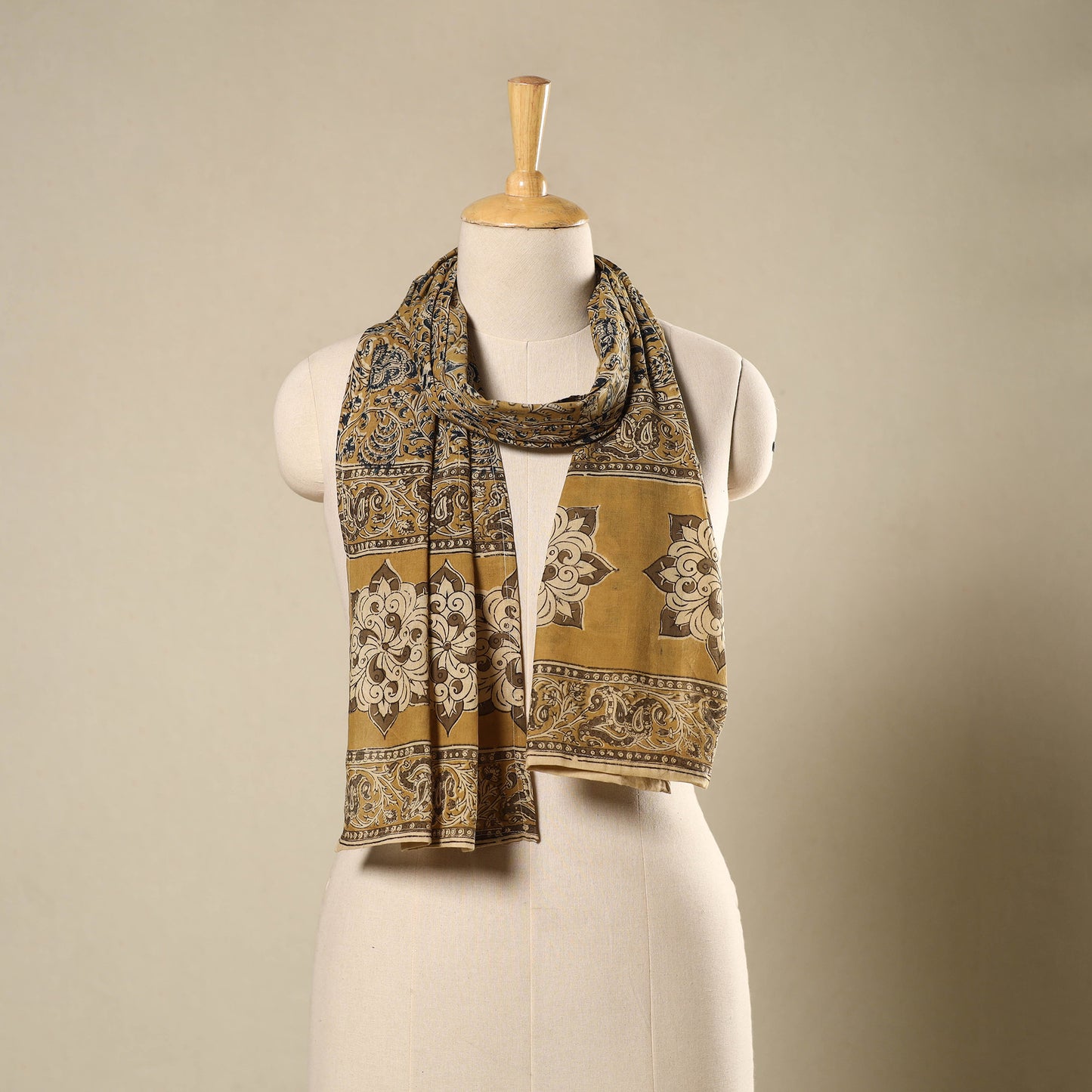 Yellow Pedana Block Print Natural Dyed Cotton Kalamkari Stole