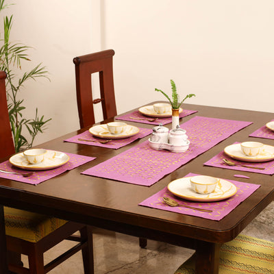 Pink - Barmer Applique Cutwork Dining Table Runner with Mat Set 05