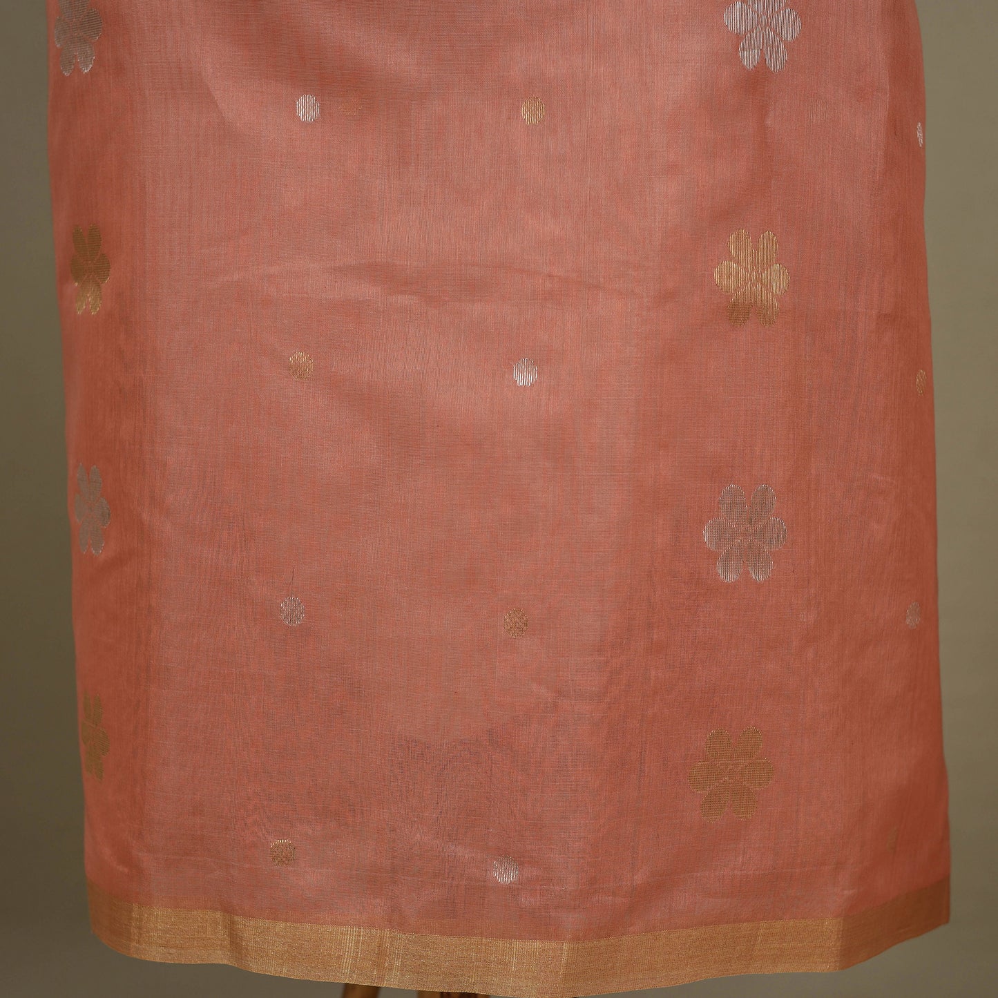 Peach - 2pc Handloom Flower Zari Buta Unstitched Chanderi Silk Dress Material 
