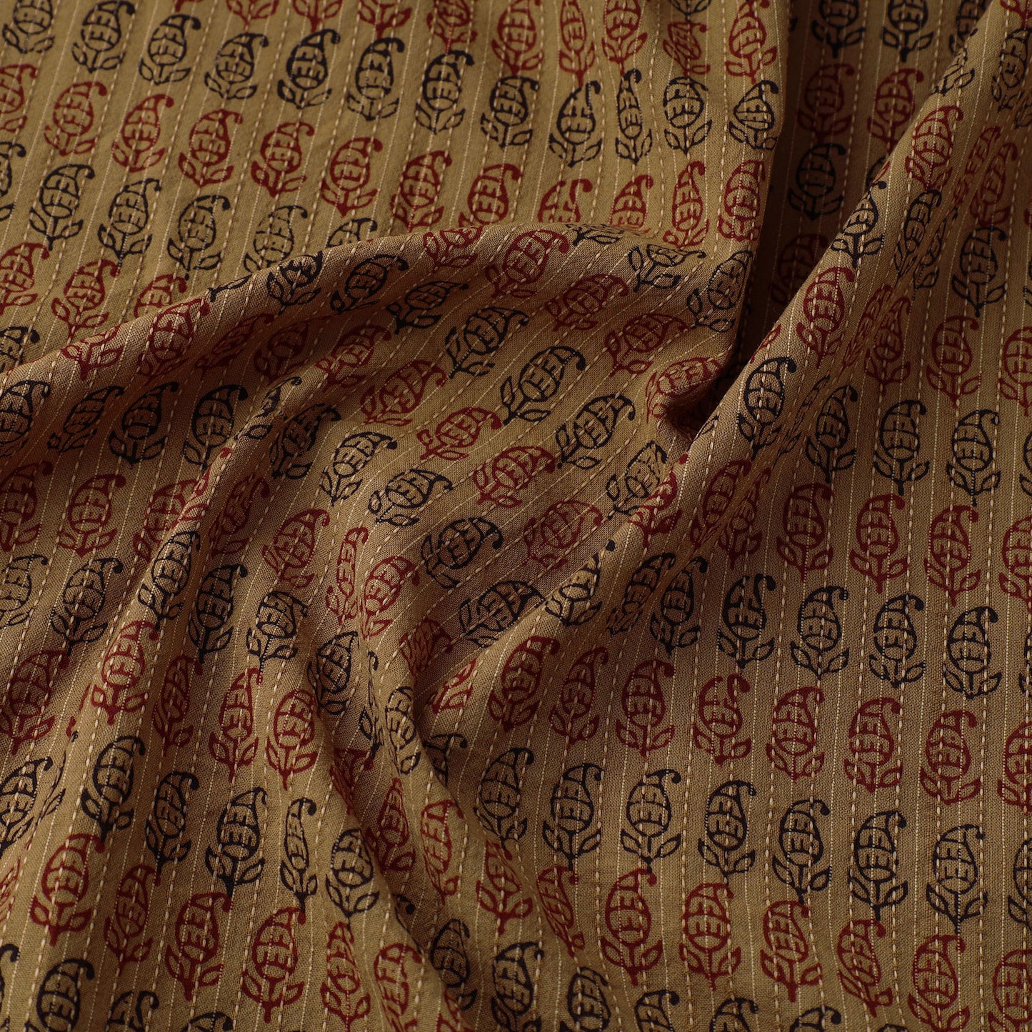 Brown - Bagh Block Printed Kantha Style Cotton Fabric 09