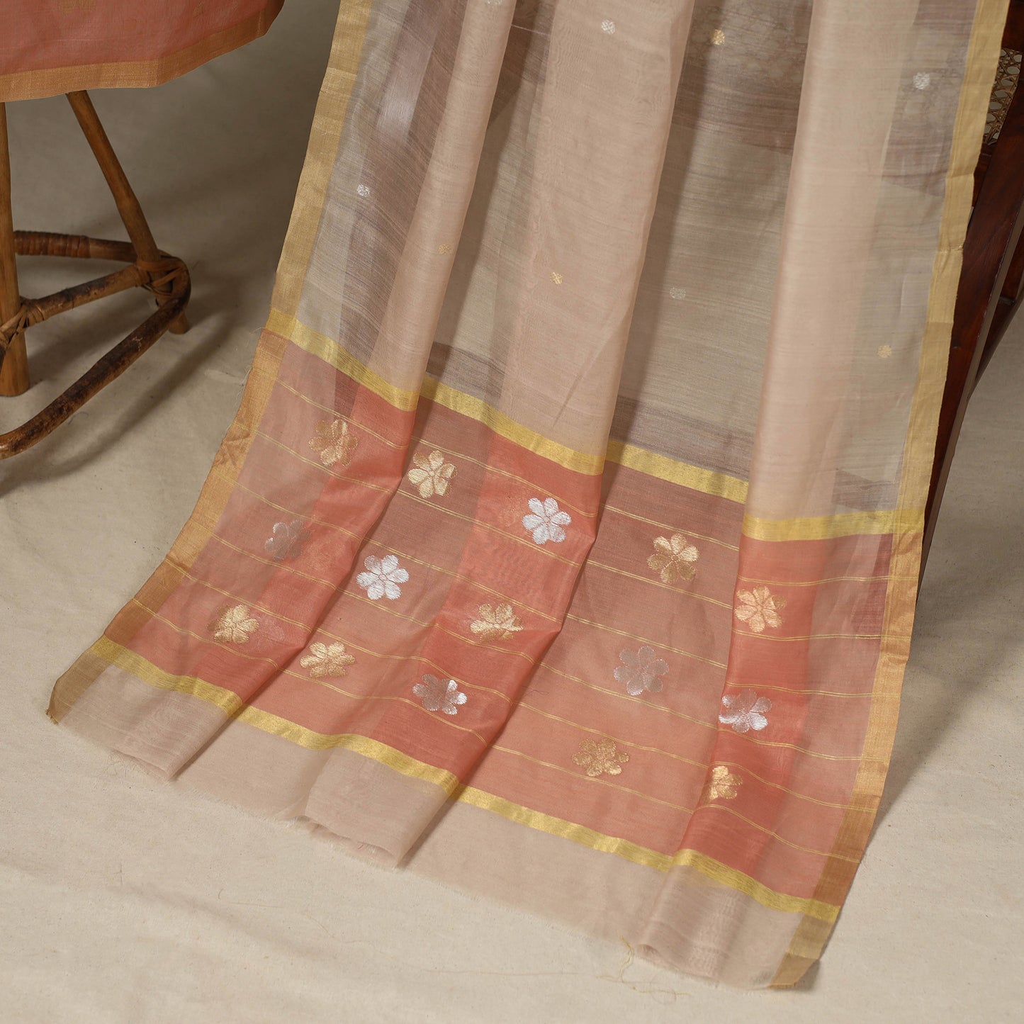 Peach - 2pc Handloom Flower Zari Buta Unstitched Chanderi Silk Dress Material 