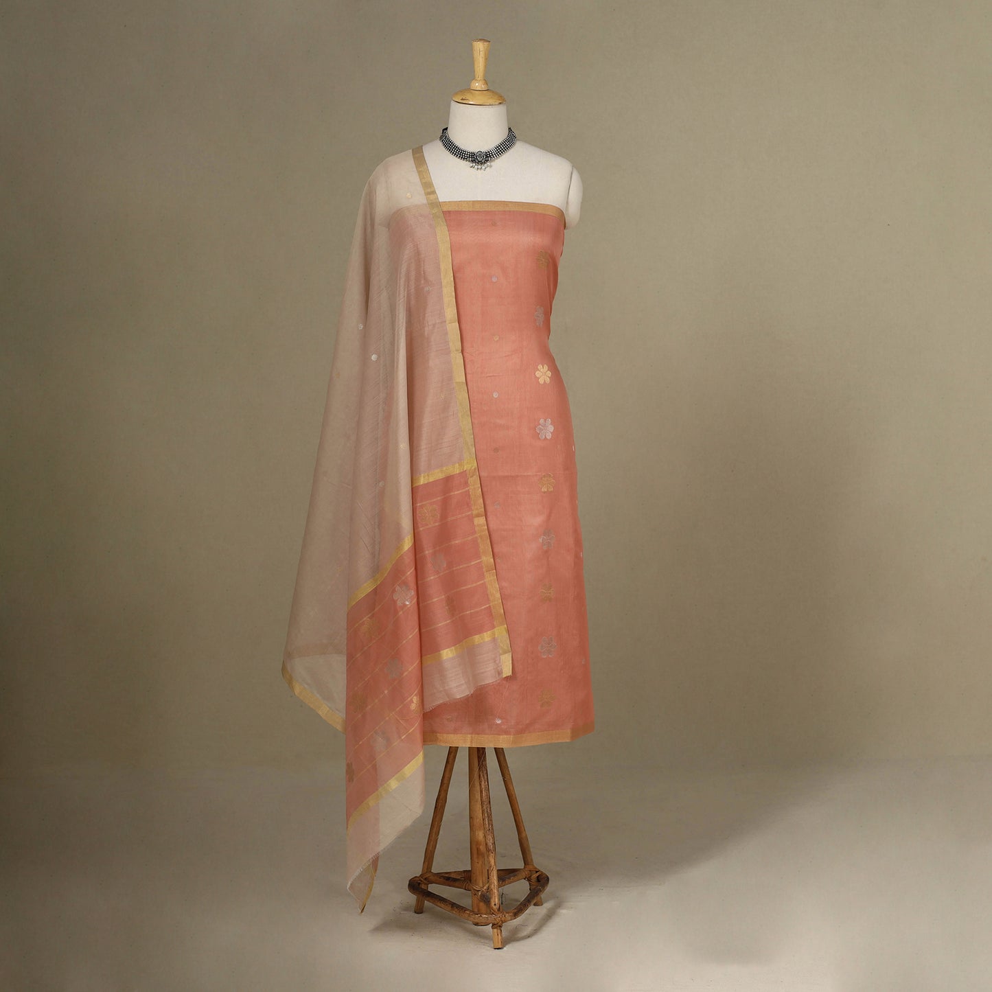 Peach - 2pc Handloom Flower Zari Buta Unstitched Chanderi Silk Dress Material 