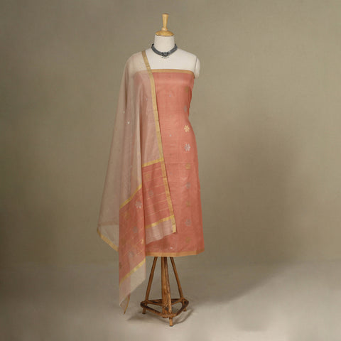 Peach - 2pc Handloom Flower Zari Buta Unstitched Chanderi Silk Dress Material 