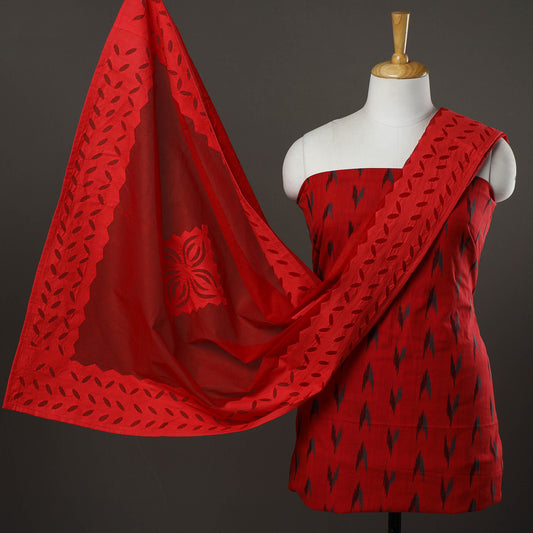 Red - 2pc Pochampally Ikat Weave Cotton Kurta with Applique Work Dupatta 24