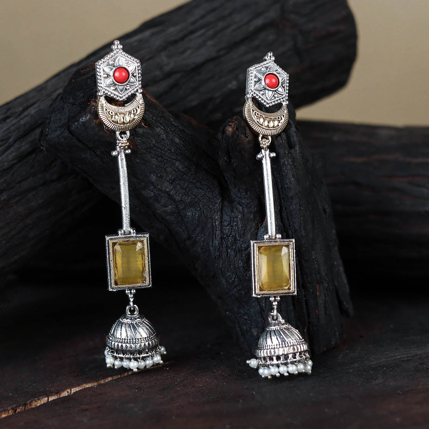 German Silver-Plated Ethnic Drop Earrings