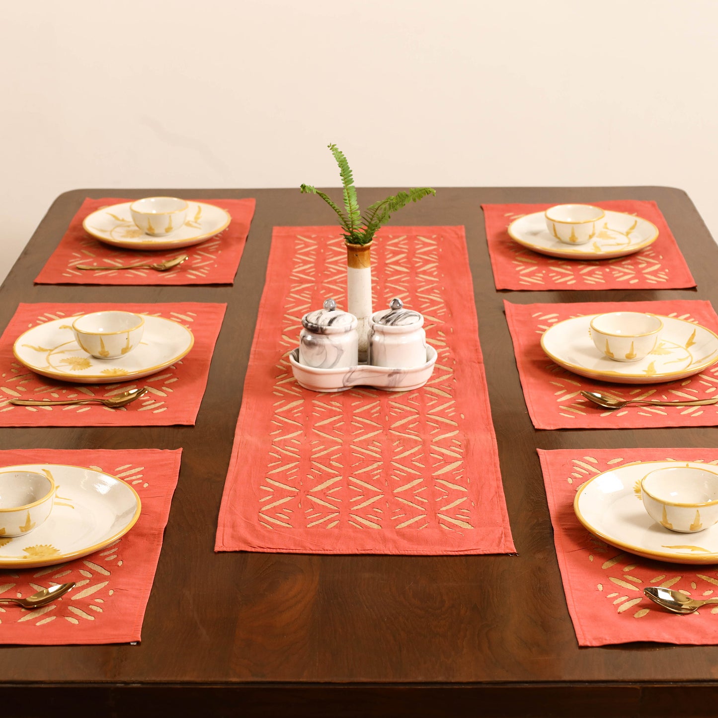 Orange - Barmer Applique Cutwork Dining Table Runner with Mat Set 06
