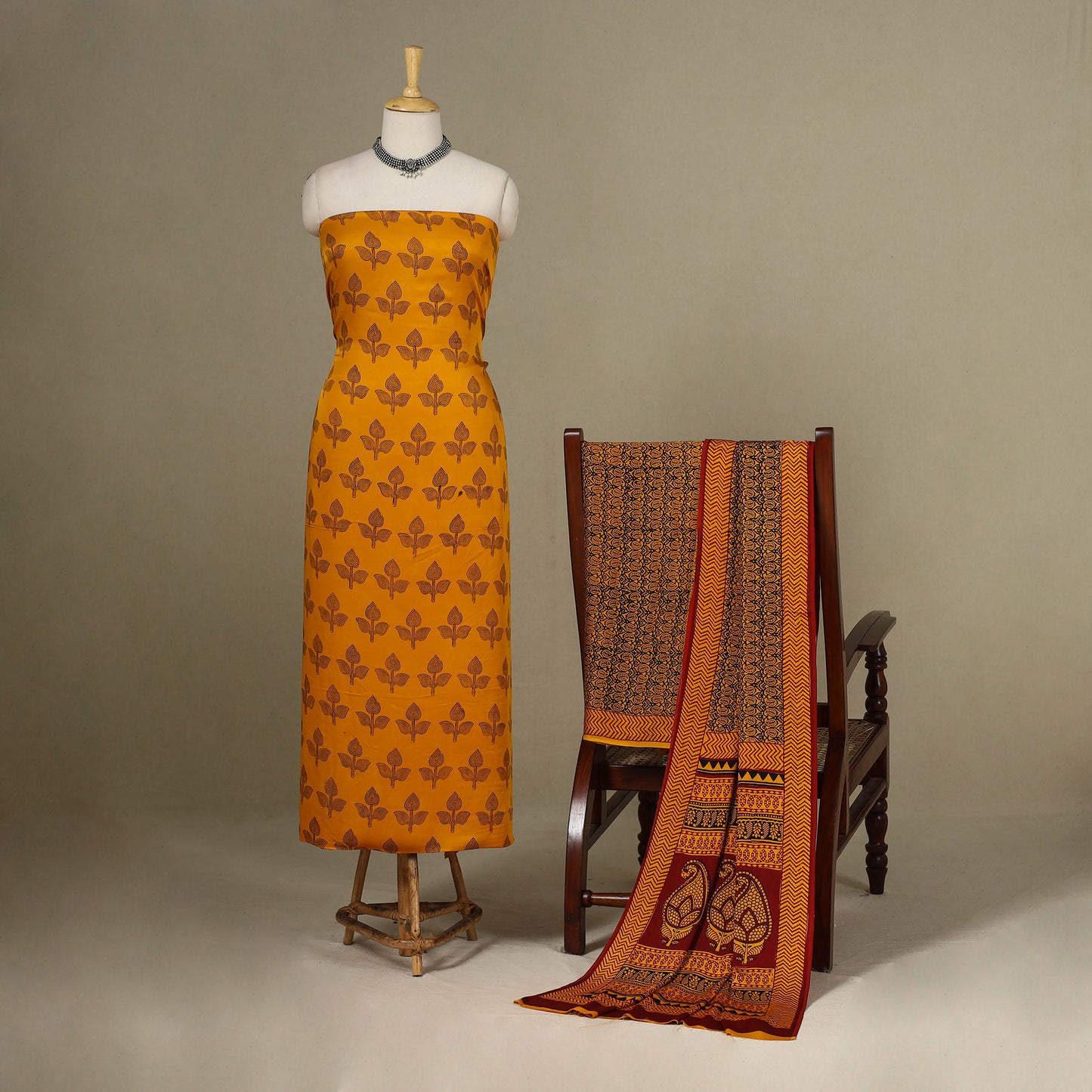 Yellow - 3pc Modal Silk Unstitched Bagh Print Suit Material Set 