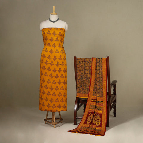 Yellow - 3pc Modal Silk Unstitched Bagh Print Suit Material Set 