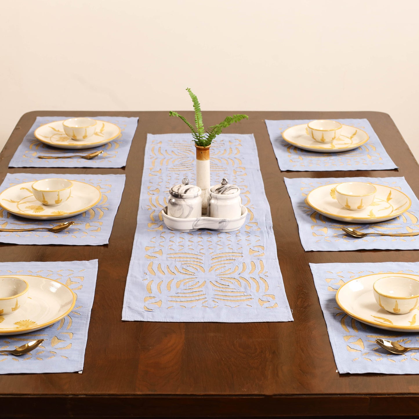 Grey - Barmer Applique Cutwork Dining Table Runner with Mat Set 07