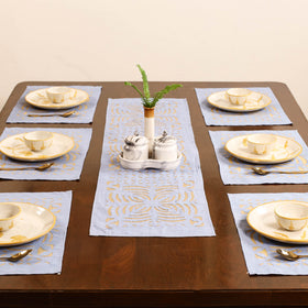 Grey - Barmer Applique Cutwork Dining Table Runner with Mat Set 07